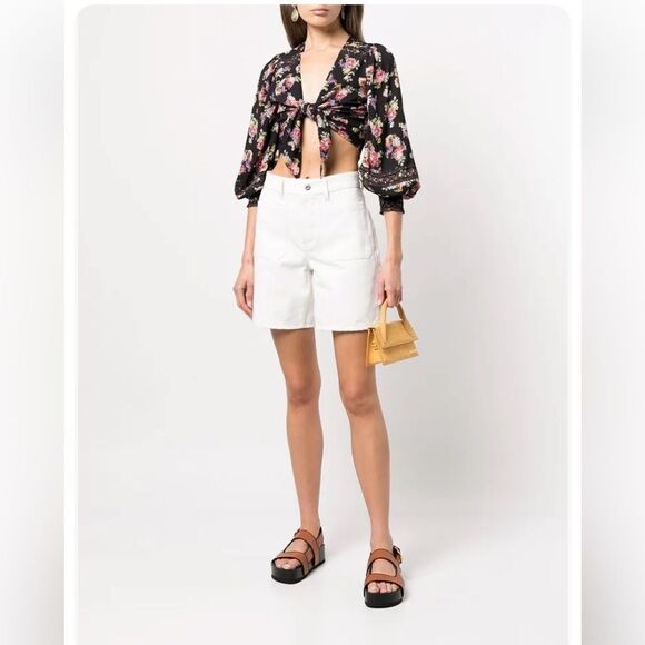 Alice + Olivia Marlee Floral Tie Front Blouson Sleeve Crop Blouse Top Small New - Picture 1 of 4
